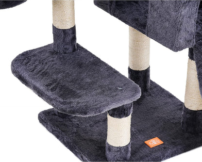 Stylish Multi-Level Cat Tree with Scratching Board and Feeding Bowl - Smoky Gray