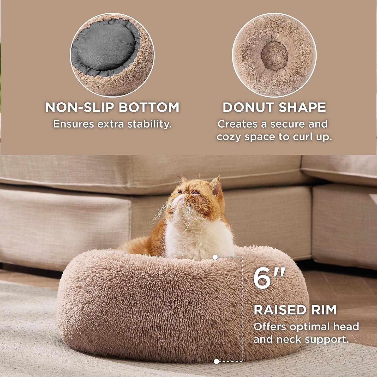 Cozy Camel Calming Cat Bed - Washable 20" Plush Faux Fur Round Bed for Indoor Cats up to 15 lbs - Anti-Slip Design