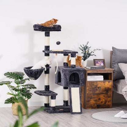 Stylish Multi-Level Cat Tree with Scratching Board and Feeding Bowl - Smoky Gray