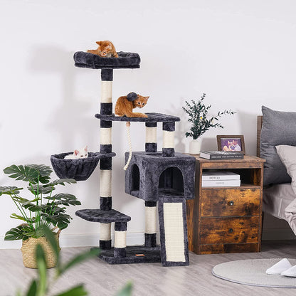 Stylish Multi-Level Cat Tree with Scratching Board and Feeding Bowl - Smoky Gray