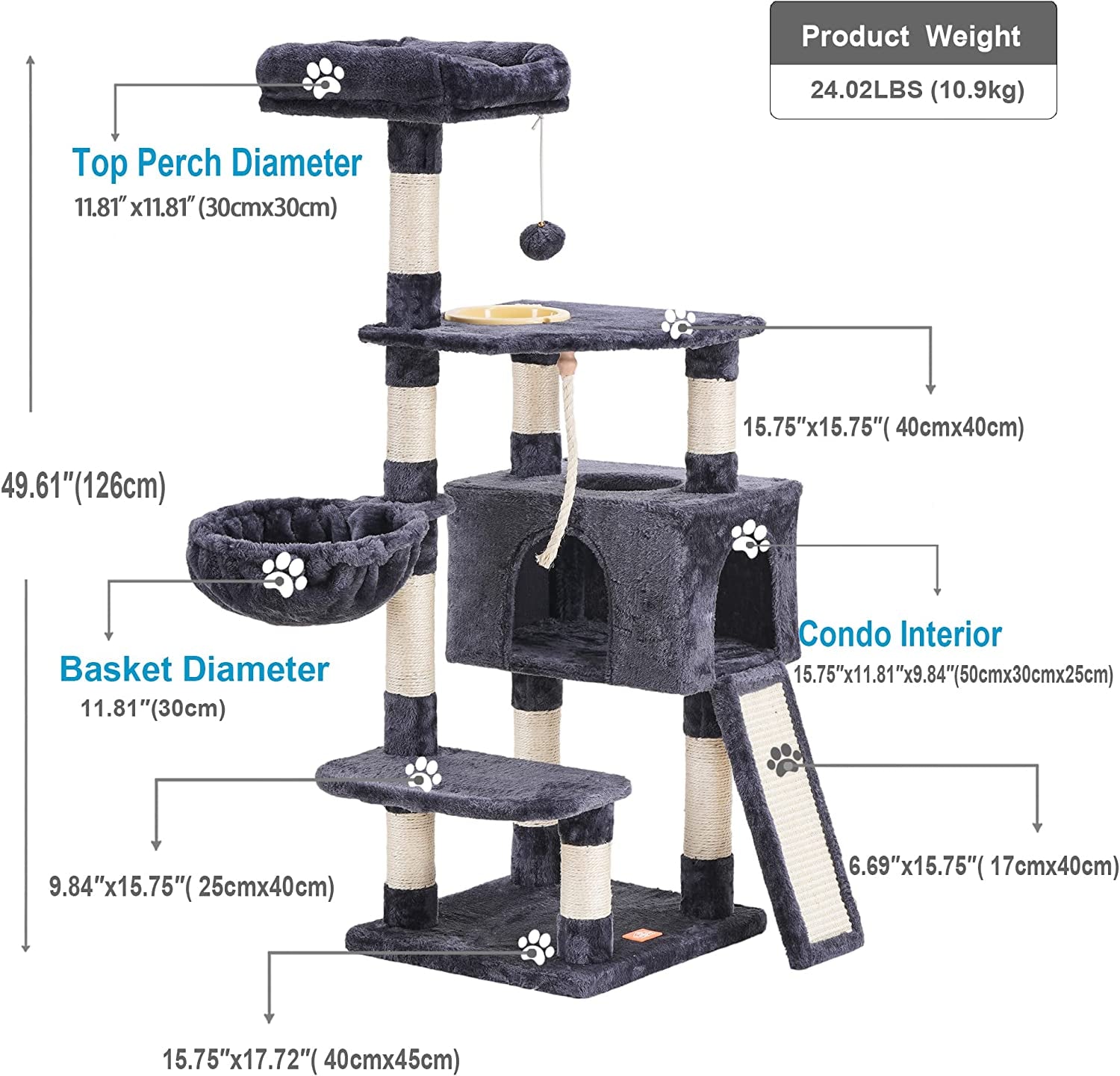 Stylish Multi-Level Cat Tree with Scratching Board and Feeding Bowl - Smoky Gray