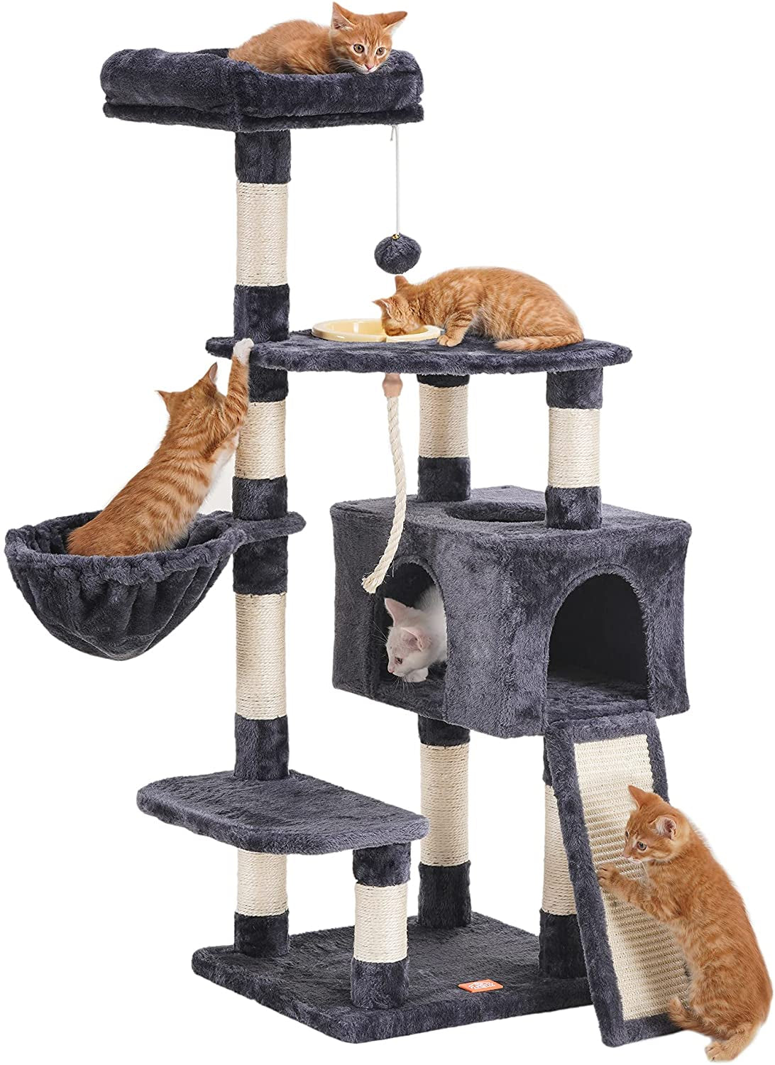 Stylish Multi-Level Cat Tree with Scratching Board and Feeding Bowl - Smoky Gray