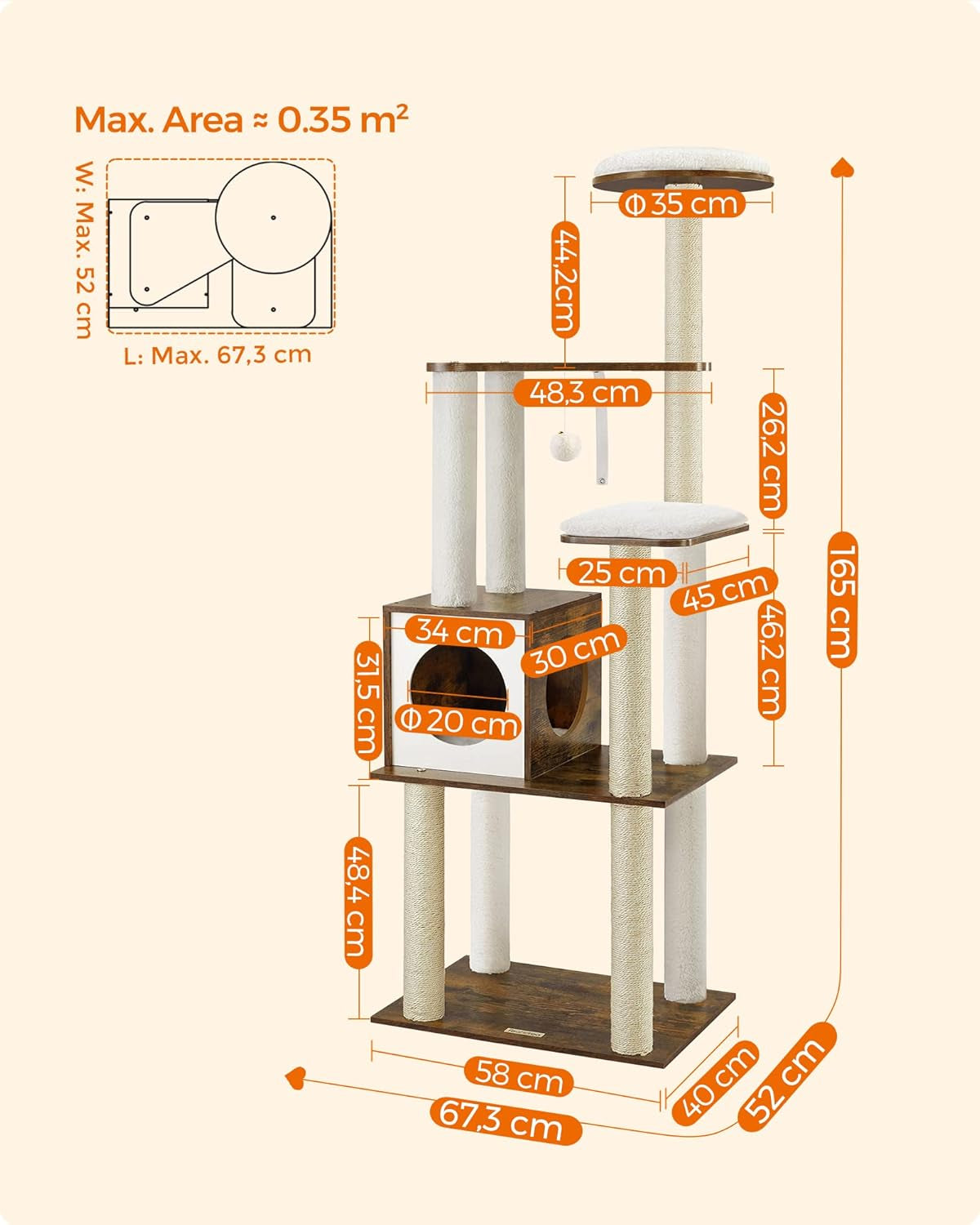 Woodywonders 65-Inch Modern Cat Tree - Multi-Level Indoor Cat Condo with 5 Scratching Posts, Cozy Perch & Washable Cushions - Rustic Brown Cat Furniture