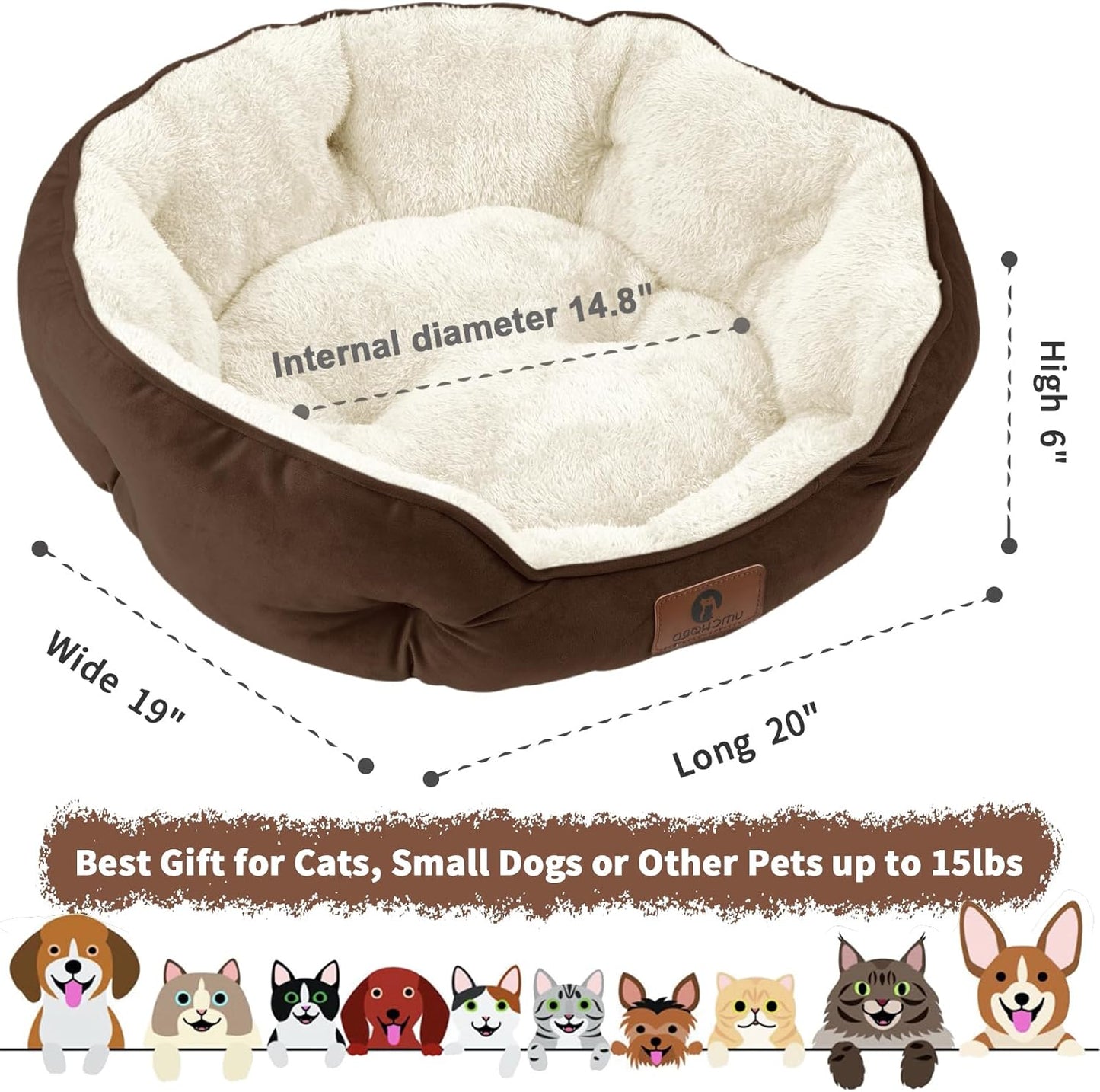 Cozy 20-Inch Small Dog Bed & Cat Bed - Extra Soft, Machine Washable, Anti-Slip & Water-Resistant for Puppies and Kittens - Brown