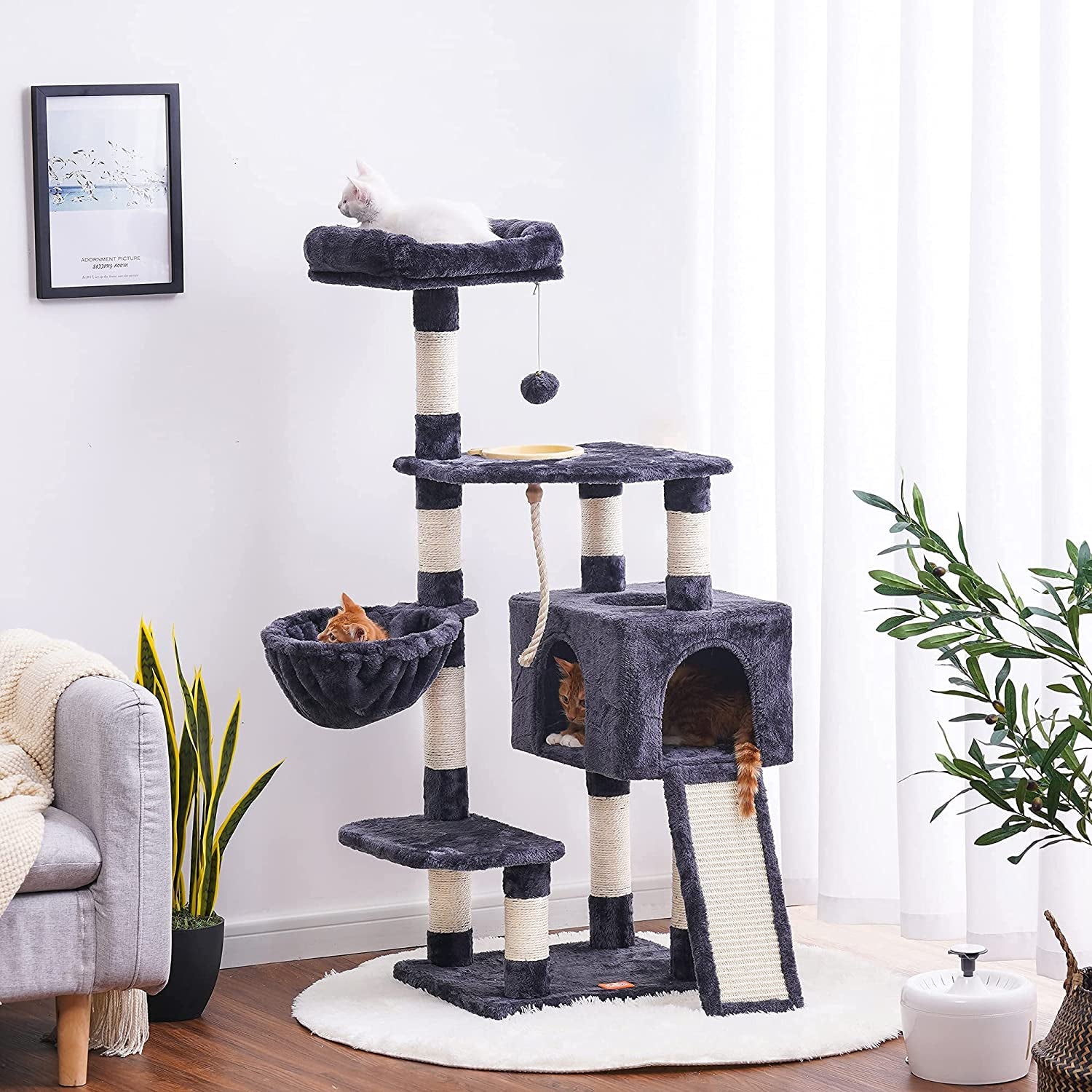 Stylish Multi-Level Cat Tree with Scratching Board and Feeding Bowl - Smoky Gray