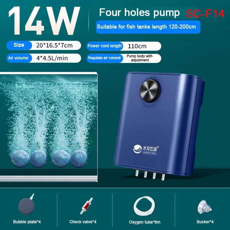 Silent Aquarium Oxygen Air Pump with Check Valve Fish Tank Four Outlet Large Oxygenator Aquarium Air Compressor Aerator 220V 14W