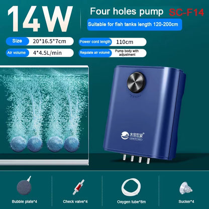 Silent Aquarium Oxygen Air Pump with Check Valve Fish Tank Four Outlet Large Oxygenator Aquarium Air Compressor Aerator 220V 14W