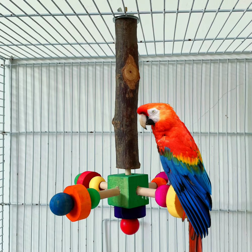 Natural Pepper Bird Stand Perch Toy with Rotating Balls Wooden Bird Chew Toys Parrot Cage Bite Toy Bird Hung Toy for Parakeets