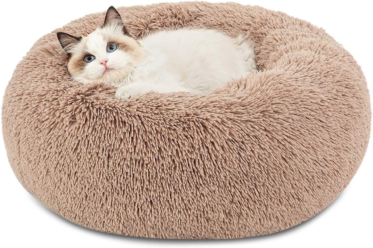 Cozy Camel Calming Cat Bed - Washable 20" Plush Faux Fur Round Bed for Indoor Cats up to 15 lbs - Anti-Slip Design