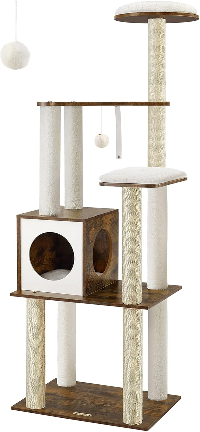 Woodywonders 65-Inch Modern Cat Tree - Multi-Level Indoor Cat Condo with 5 Scratching Posts, Cozy Perch & Washable Cushions - Rustic Brown Cat Furniture