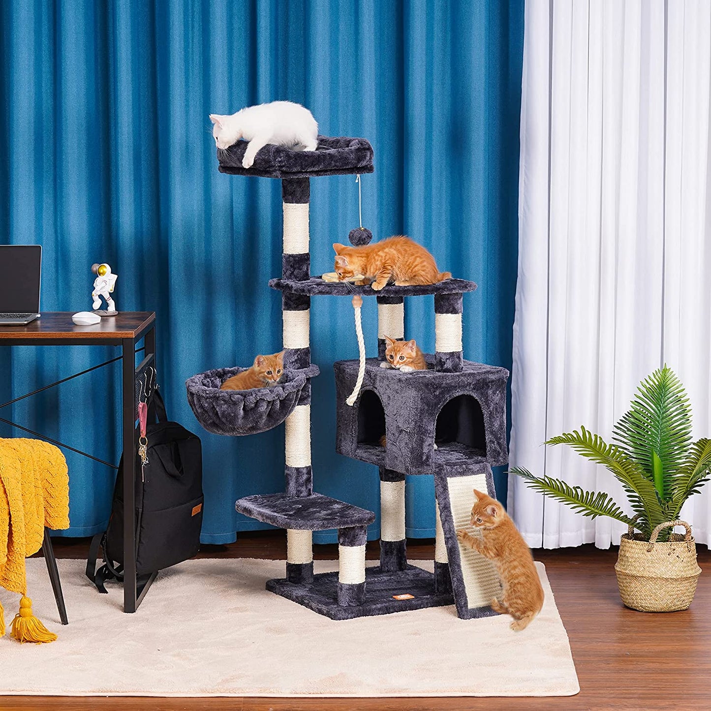 Stylish Multi-Level Cat Tree with Scratching Board and Feeding Bowl - Smoky Gray