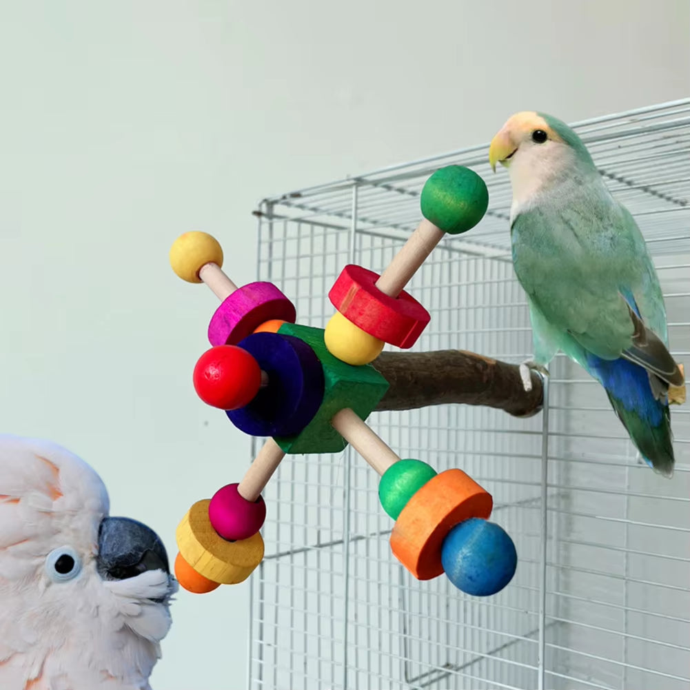 Natural Pepper Bird Stand Perch Toy with Rotating Balls Wooden Bird Chew Toys Parrot Cage Bite Toy Bird Hung Toy for Parakeets