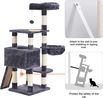 Stylish Multi-Level Cat Tree with Scratching Board and Feeding Bowl - Smoky Gray