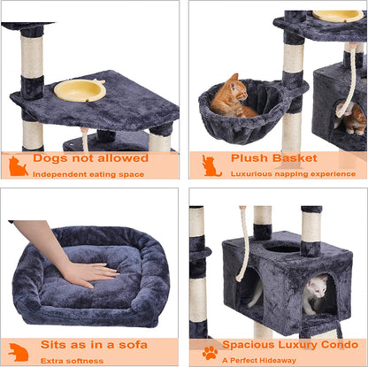 Stylish Multi-Level Cat Tree with Scratching Board and Feeding Bowl - Smoky Gray