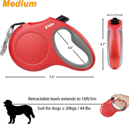 Premium Retractable Dog Leash with Poop Bag Dispenser - 16 Ft Tangle-Free Leash for Medium Dogs & Cats (up to 44 lbs) - Anti-Slip Handle & Reflective Nylon Tape (Red)